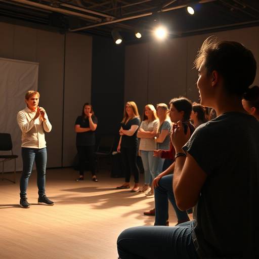 A group of students practicing voice projection techniques during a masterclass