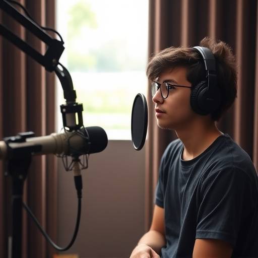 A student recording voice-over in a professional sound booth, using a microphone