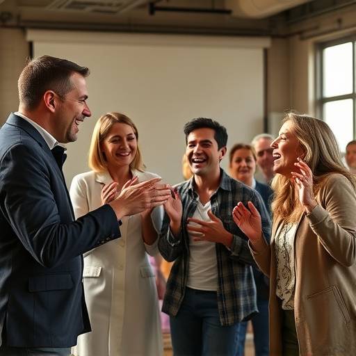 Actors engaging in a fast-paced improvisation exercise, laughing and collaborating