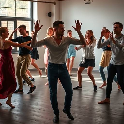 Actors in a movement workshop exploring physical expression through dance and gesture