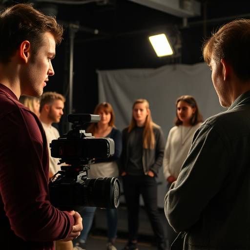 Actors rehearsing a scene in an On-Camera Acting workshop, focusing on camera presence
